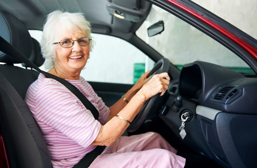 a senior woman in a car